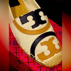 Brand new in box, never worn Tory Burch Espadrilles with logo. Canvas flat shoe.